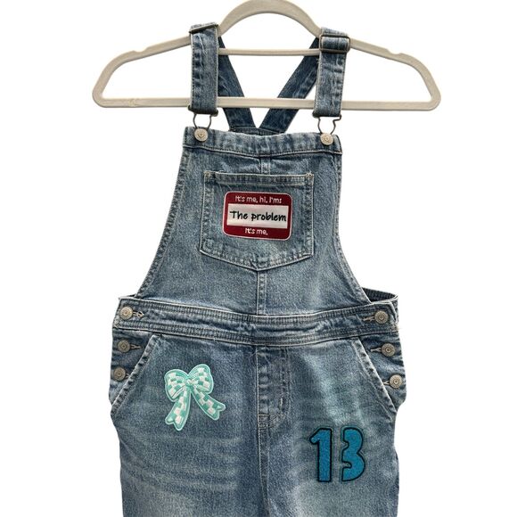Taylor Swift Girls Overall Worn Denim Jeans Upcycled Cute Swiftie Fan Patches - Picture 3 of 9